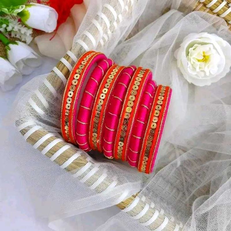 Vibrant Thread Bangles with Sequins🧡🩷