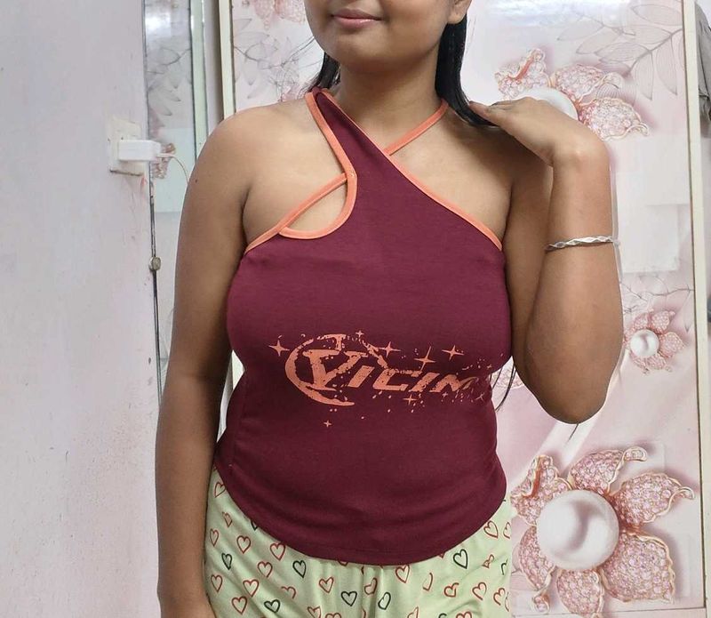 Burgundy Halter Neck Crop Top