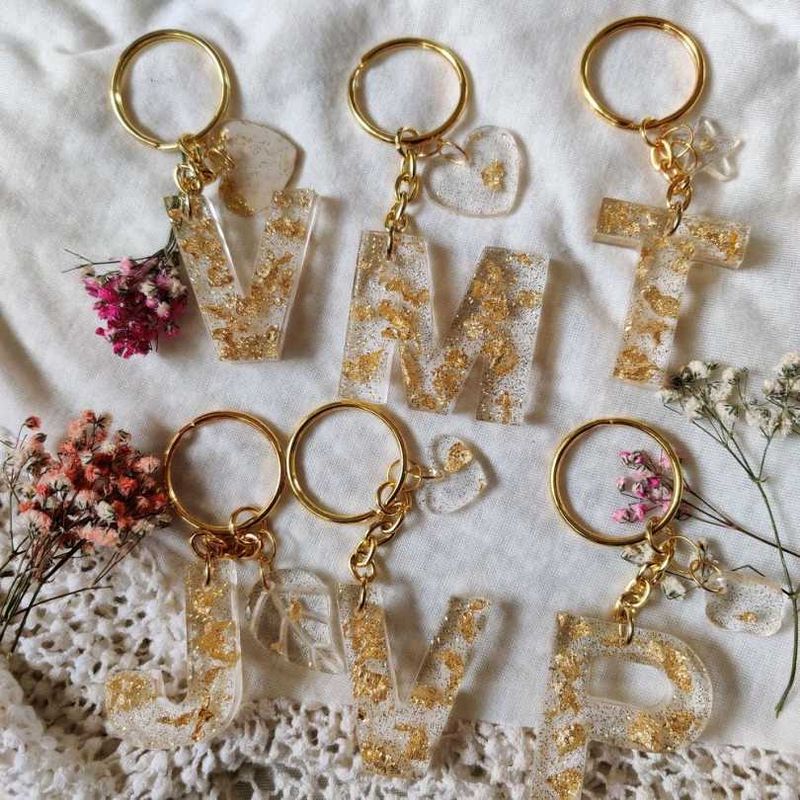 Resin Initial One Keychains with Gold Flakes