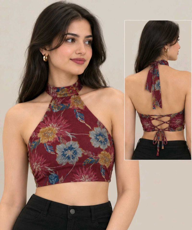 Women’s Maroon Floral Printed Halter Neck Backless