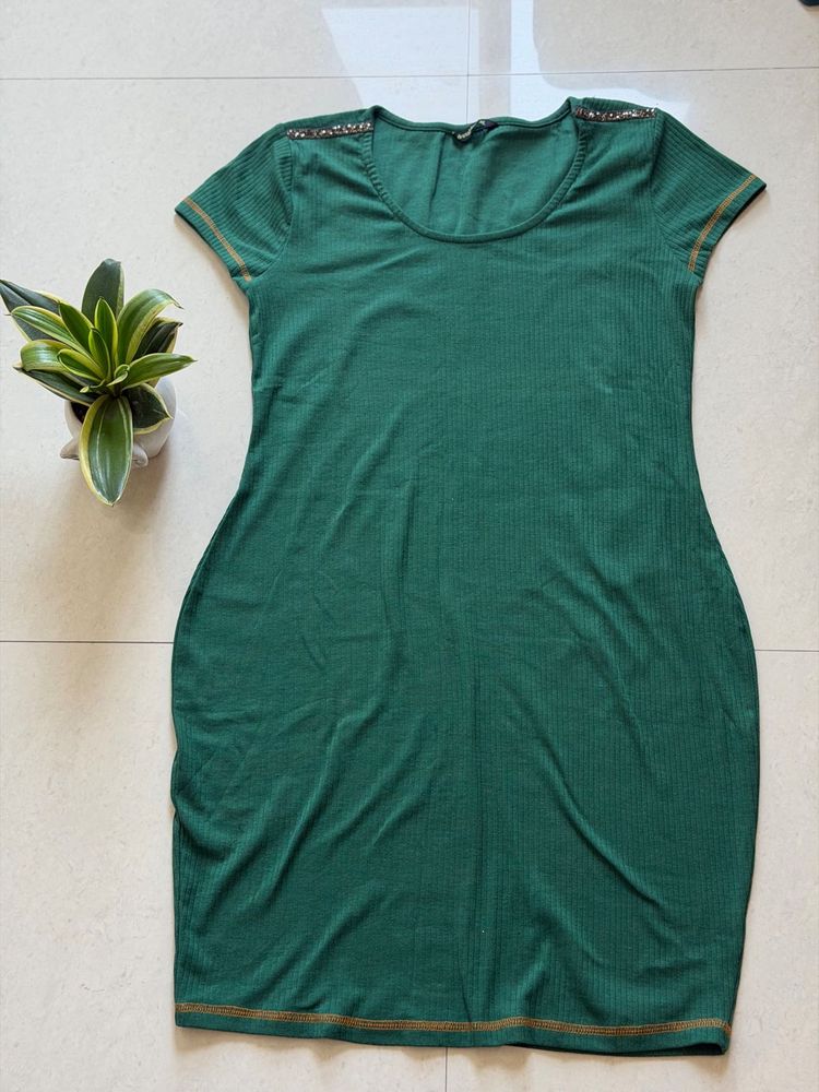 Green Ribbed Knit Dress with Embellished Shoulders