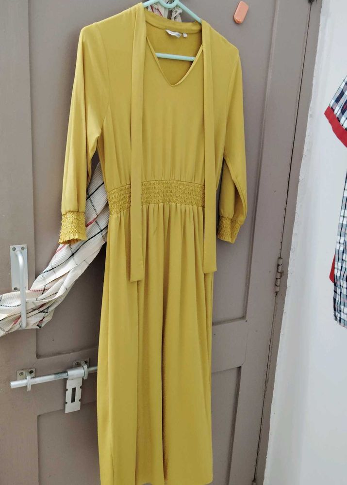 Mustard Yellow Midi Dress with Tie Neck