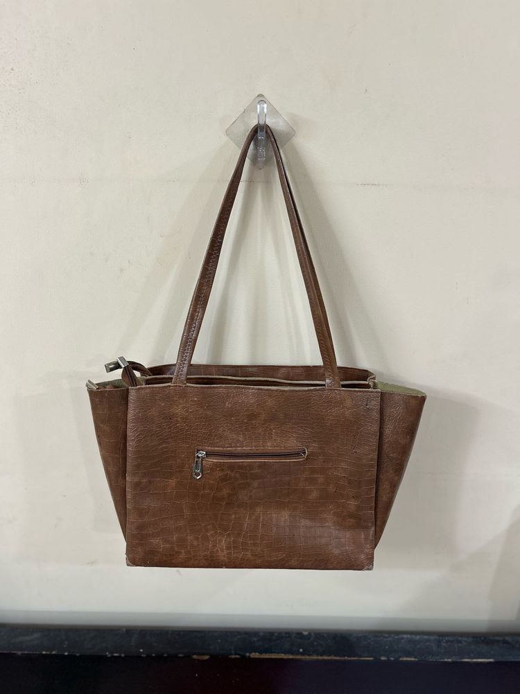 Stylish Brown Faux Croc Handbag