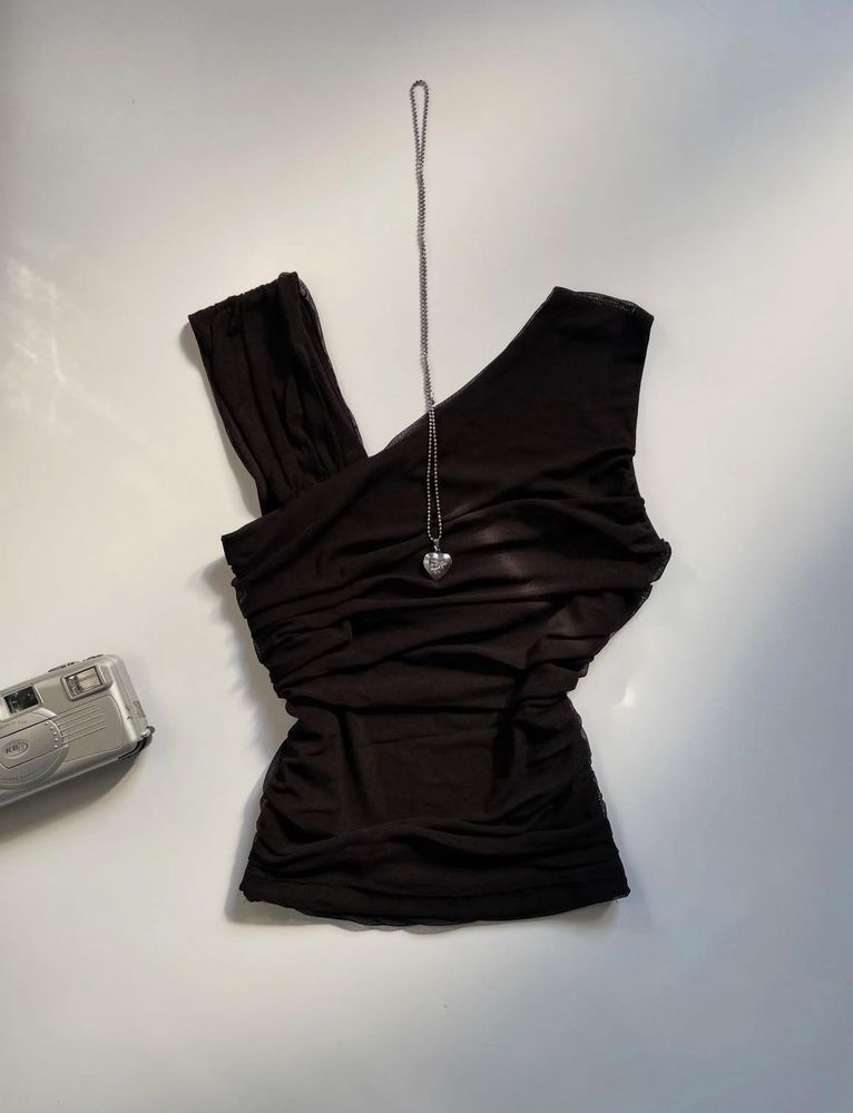 Chic Black Ruched One-Shoulder Top