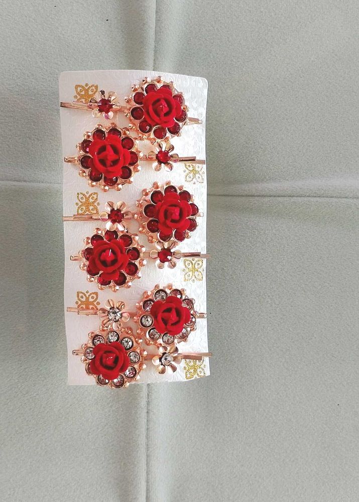 Set of 6 Red Rose Hair Pins