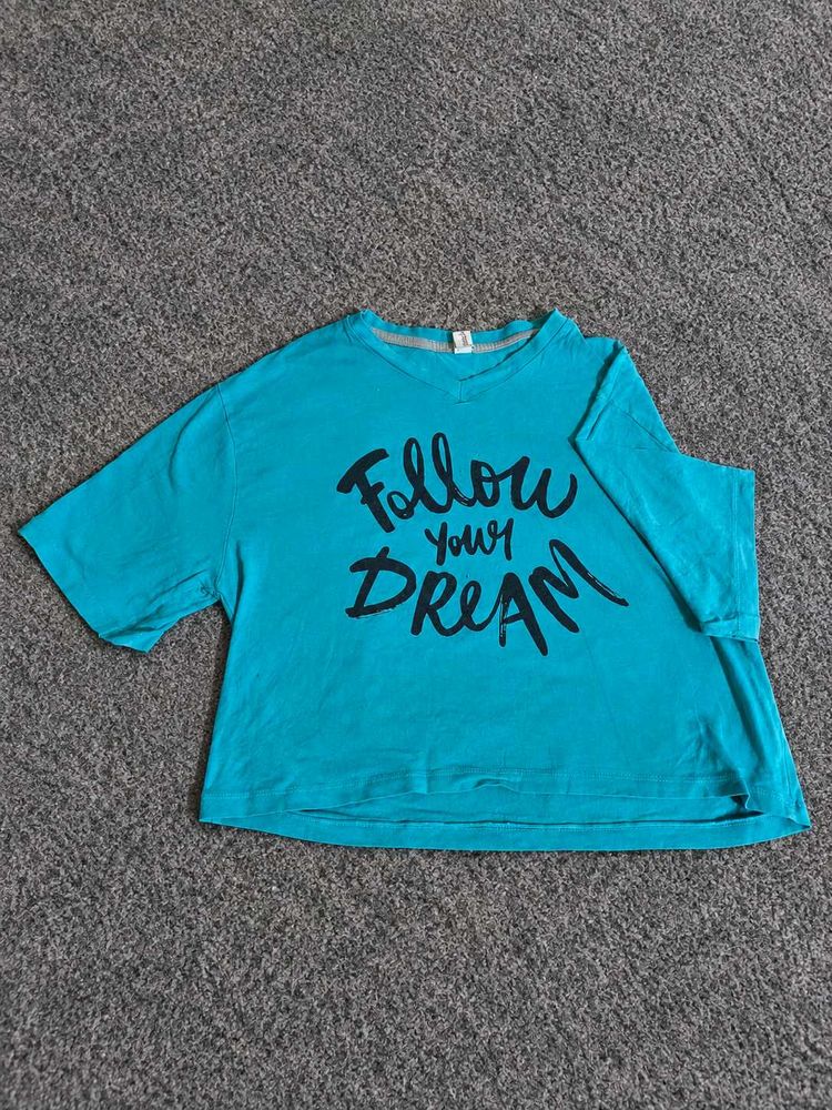 Cyan V-Neck T-Shirt with "Follow Your Dream"