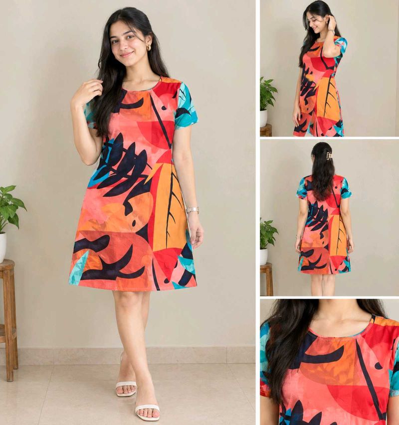 Vibrant Leaf Print A-Line Dress