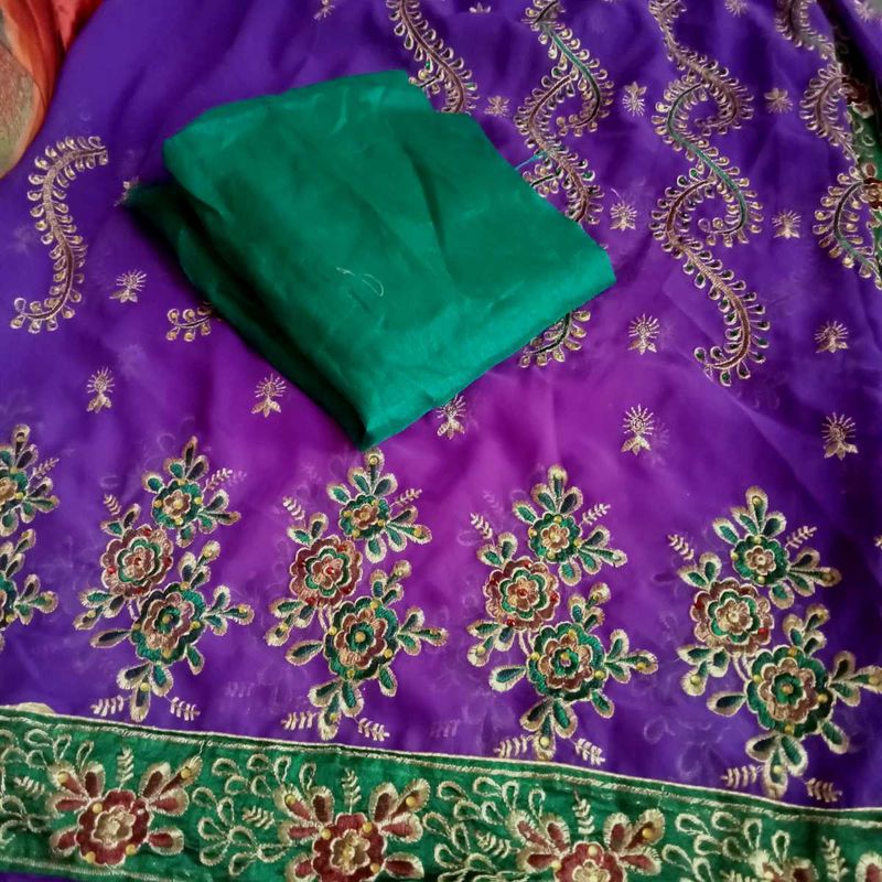 Embroidered Purple Saree with Green Blouse