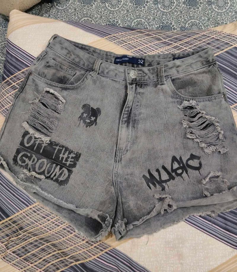 Grey Distressed Denim Shorts