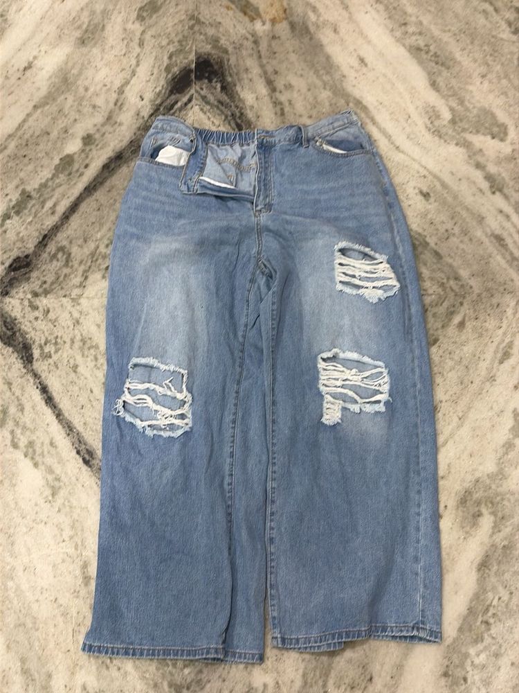 Ripped Wide-Leg Denim Jeans