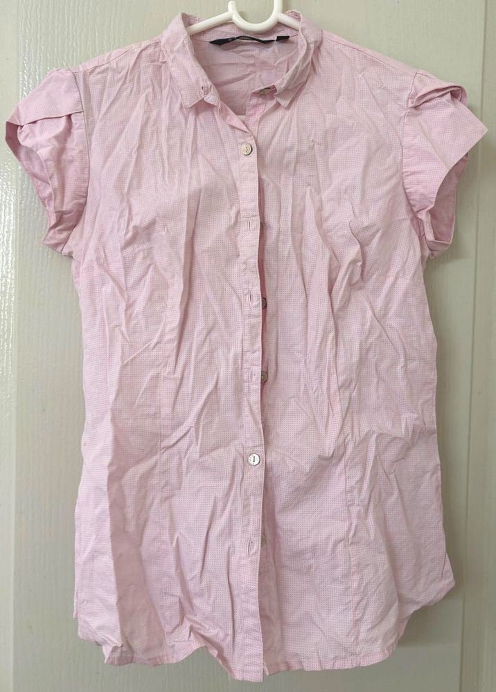 Pink Short Sleeve Button-Up Blouse