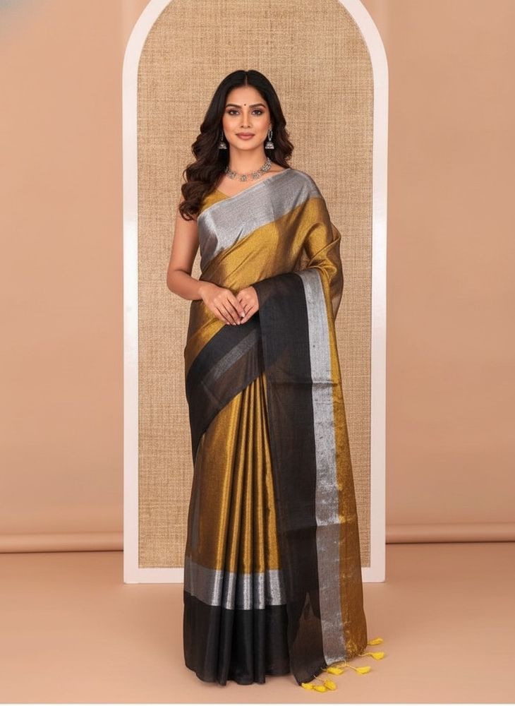 Elegant Gold &amp; Black Linen Saree