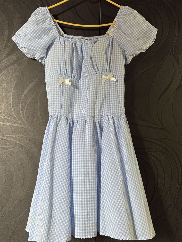 Cute Blue Gingham Puff Sleeve Dress