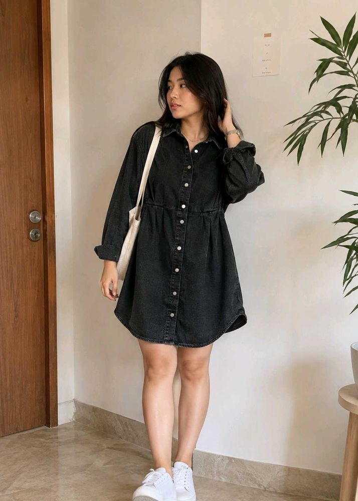 Korean Black Denim Shirt Dress