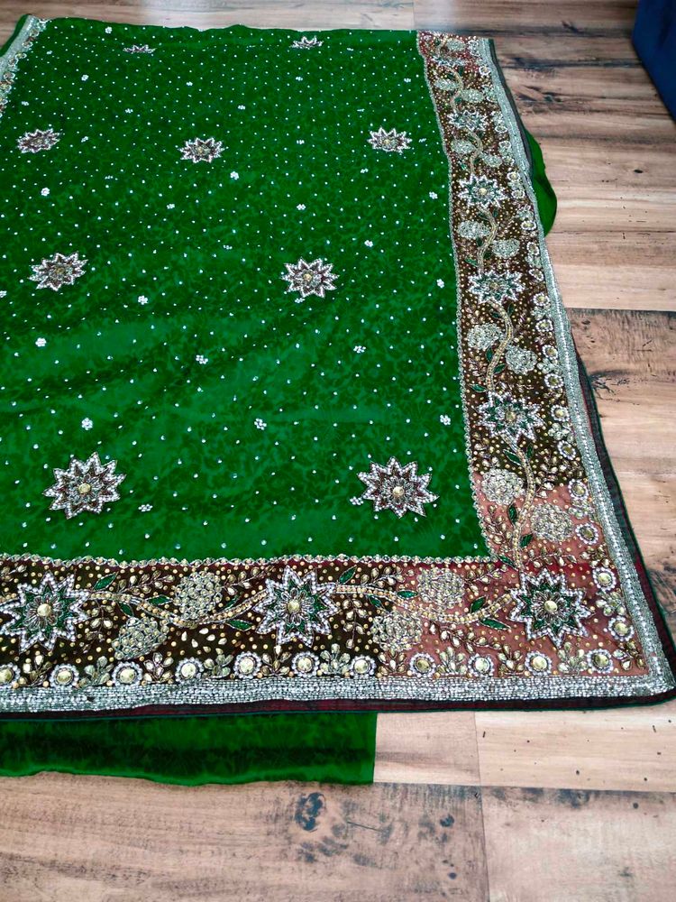 y2k Green heavy party wear  handwork Saree