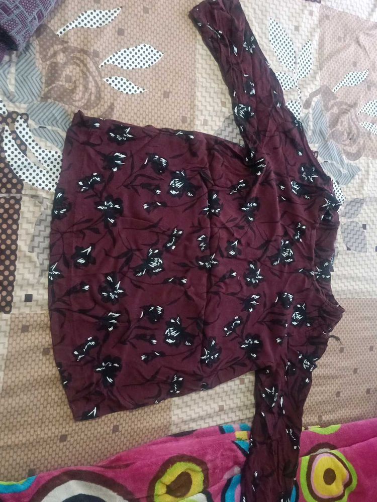 Maroon Floral Print Long Sleeve Top