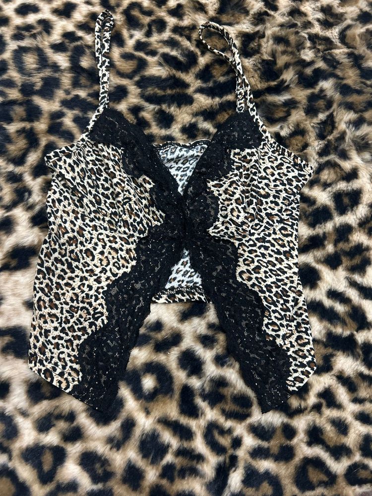 Y2k Leopard Print Lace Trim Camisole Top