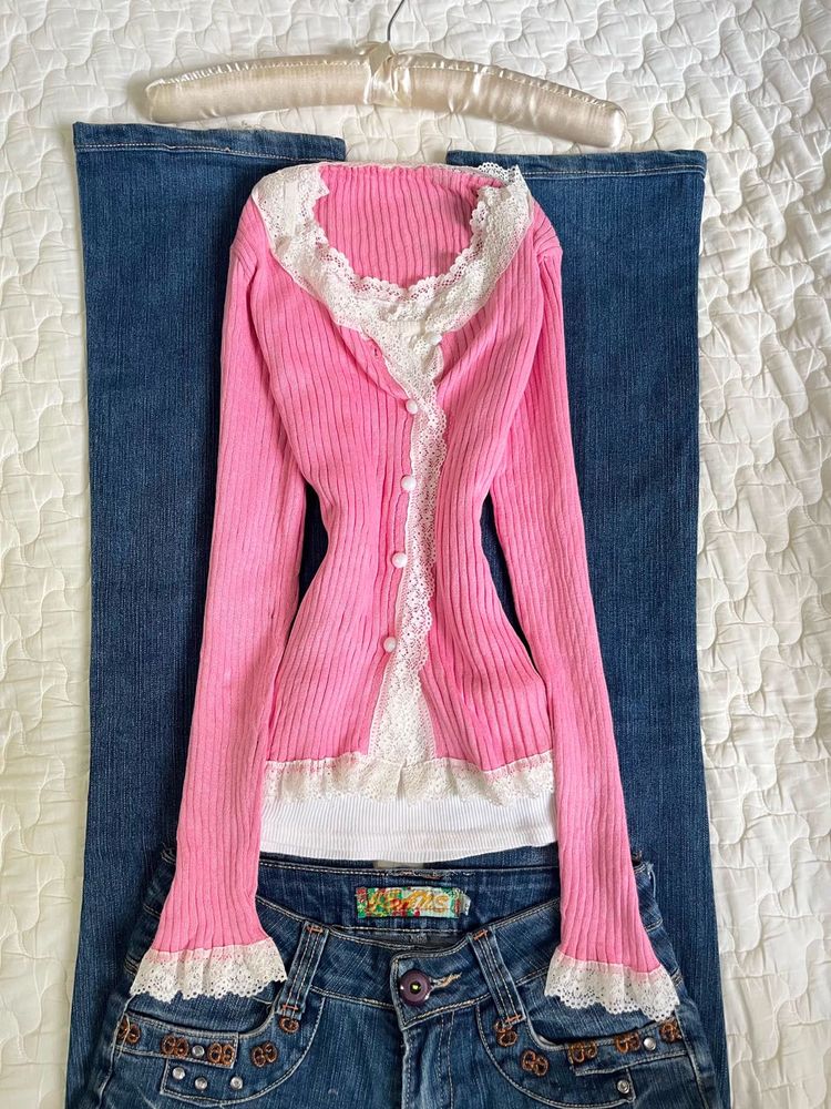 Pink Ribbed Cardigan with Lace Trim