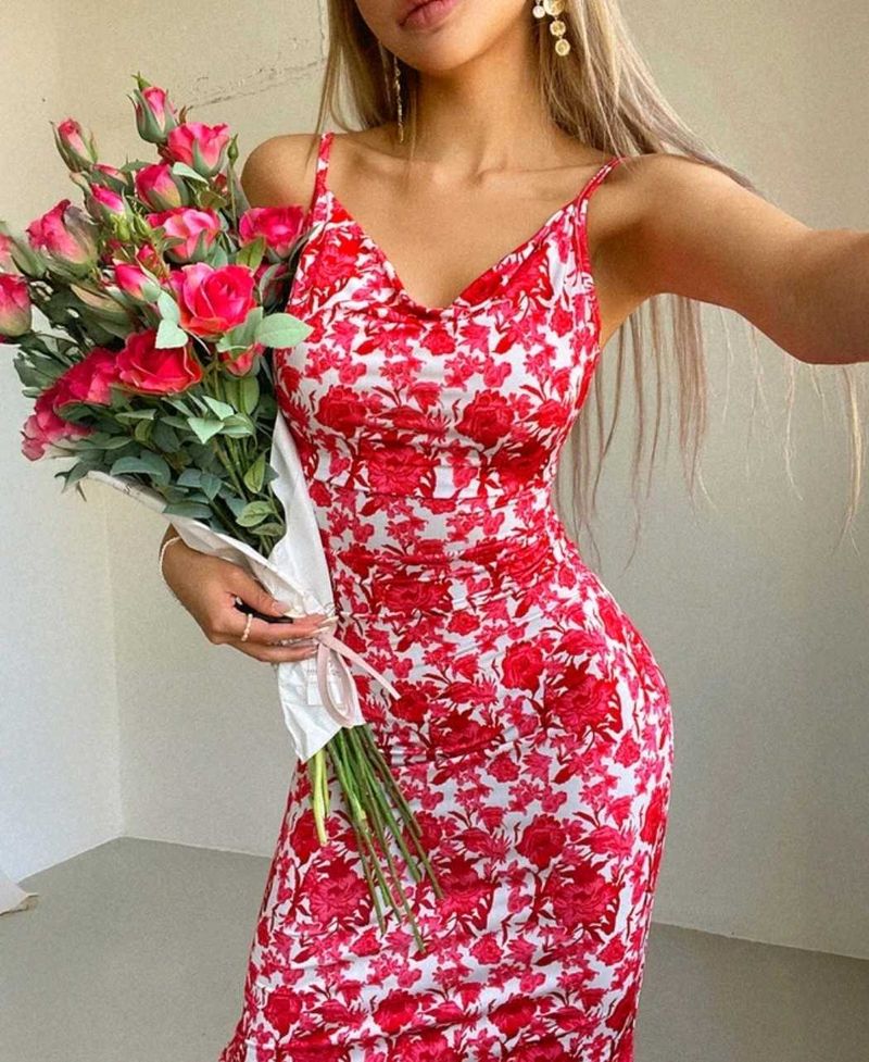 Red Floral Strap Dress