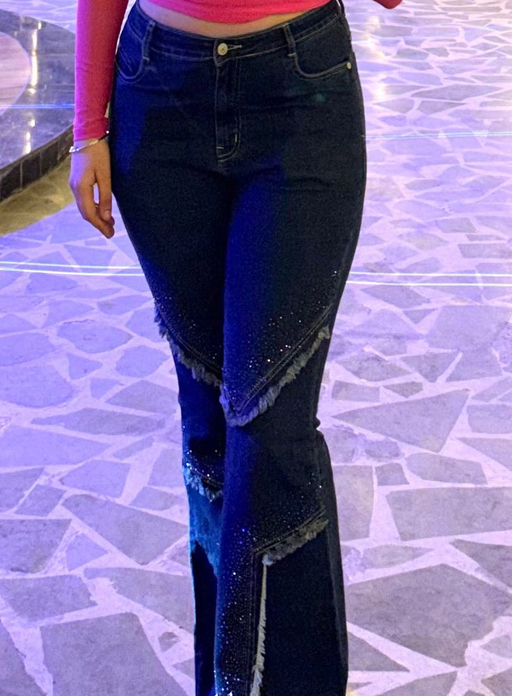 Flared Denim Jeans with Rhinestone Detail