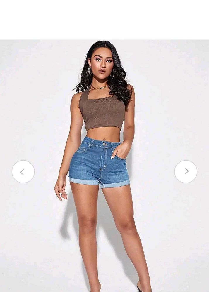 globus Blue Denim High-Waisted Rolled Hem Shorts