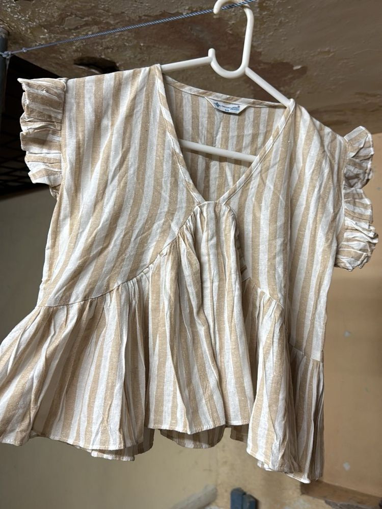 Striped Ruffle Sleeve Peplum Top