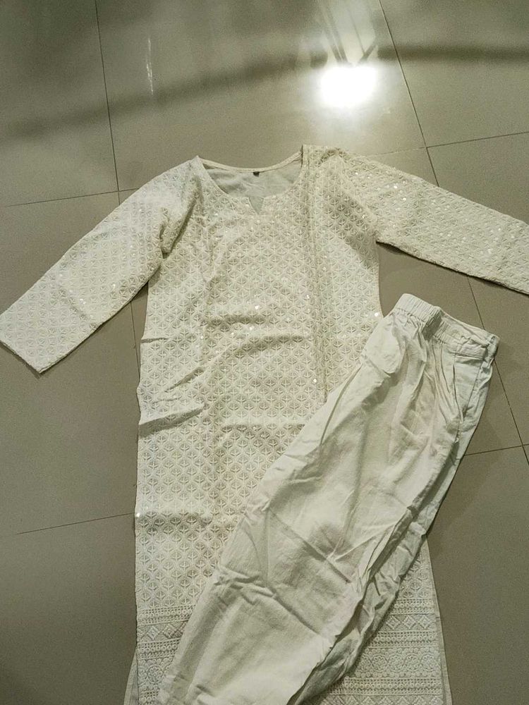 Elegant White Sequined Kurta Set