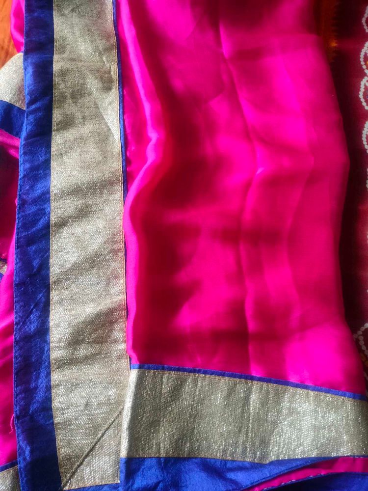 Vibrant Pink Saree with Blue &amp; Gold Border