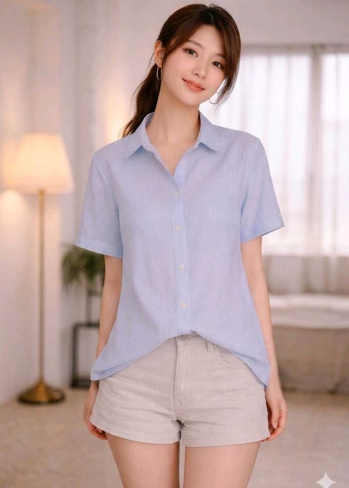 Light Blue Short Sleeve Button-Up Top