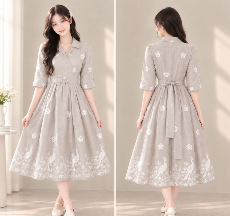 Elegant Peacock Embroidered Midi Dress