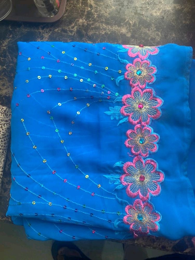 Vibrant Blue Sequined Flower Sari Fabric