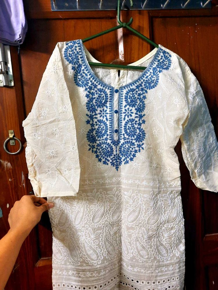 Embroidered Cream Kurta with Blue Neck Design