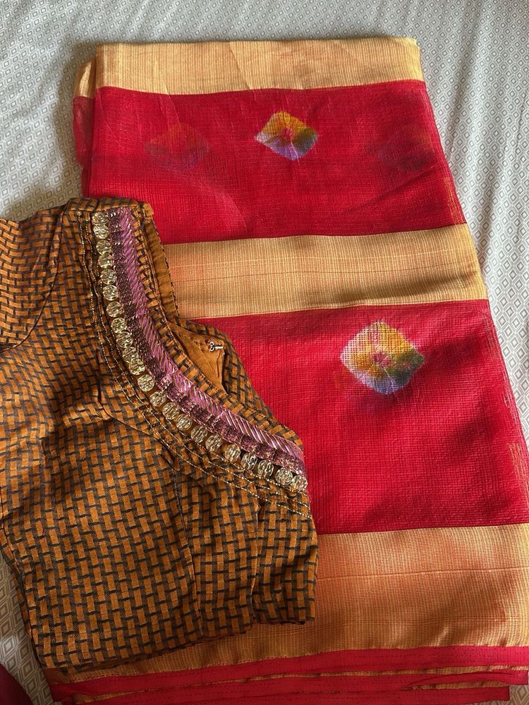 Red and Gold Saree with Blouse