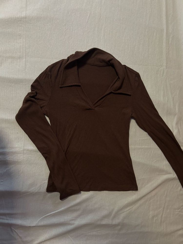 Ribbed Collared Long Sleeve Top