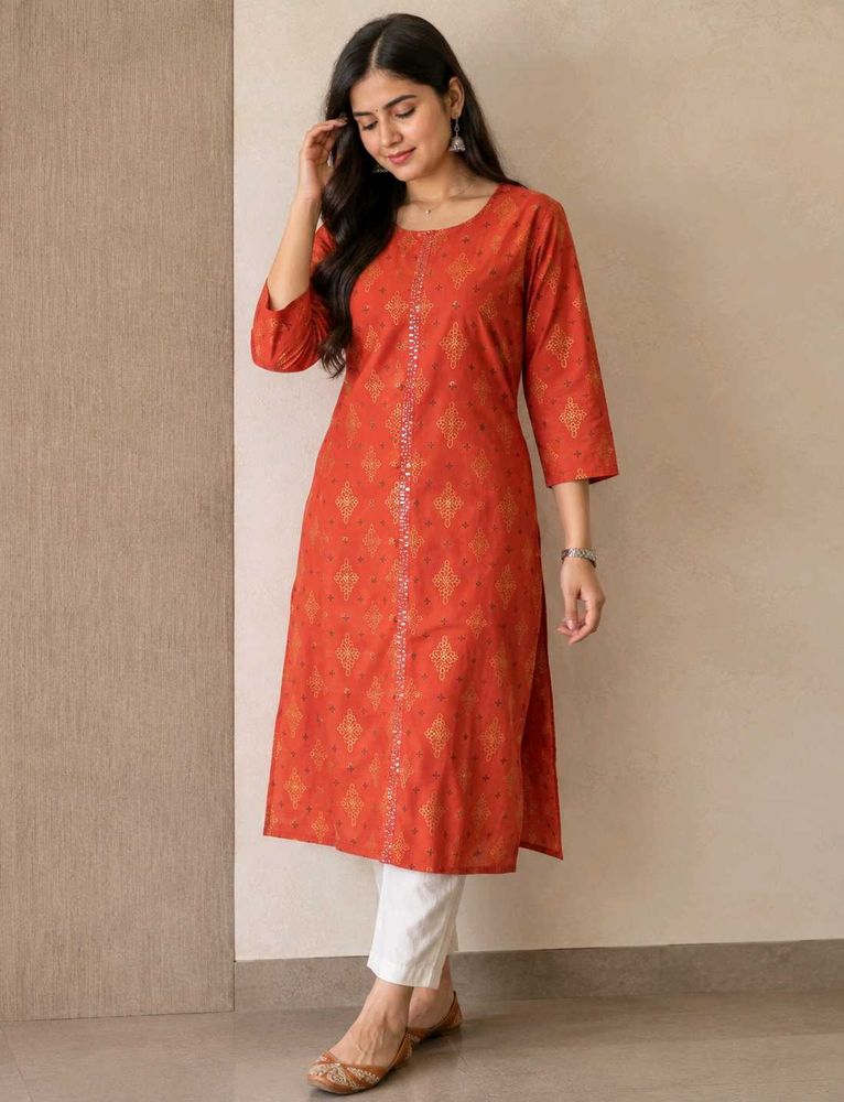 Women's New rust Printed Straight Kurti with Tags
