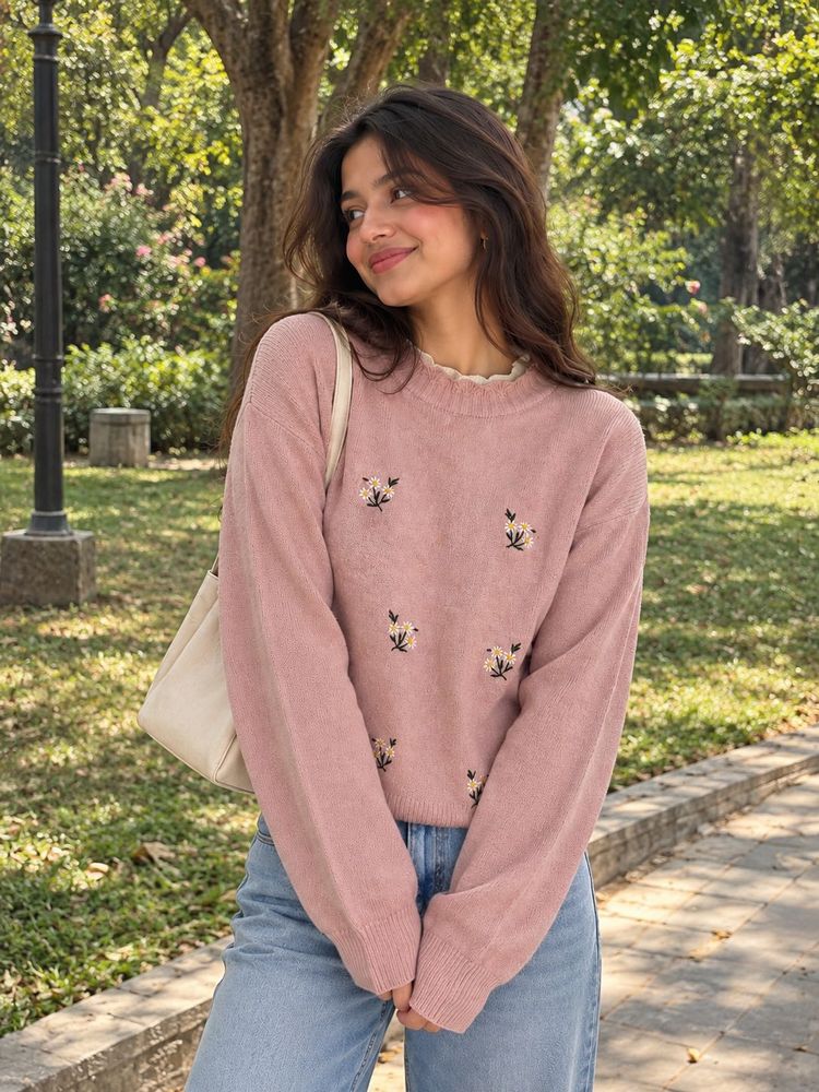 Charming Embroidered Mock Neck Sweater