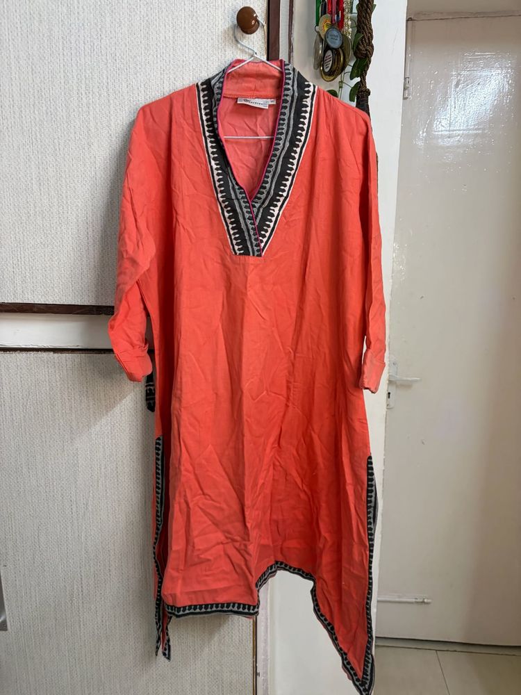 Coral Ethnic Kurta with Black &amp; Silver Trim