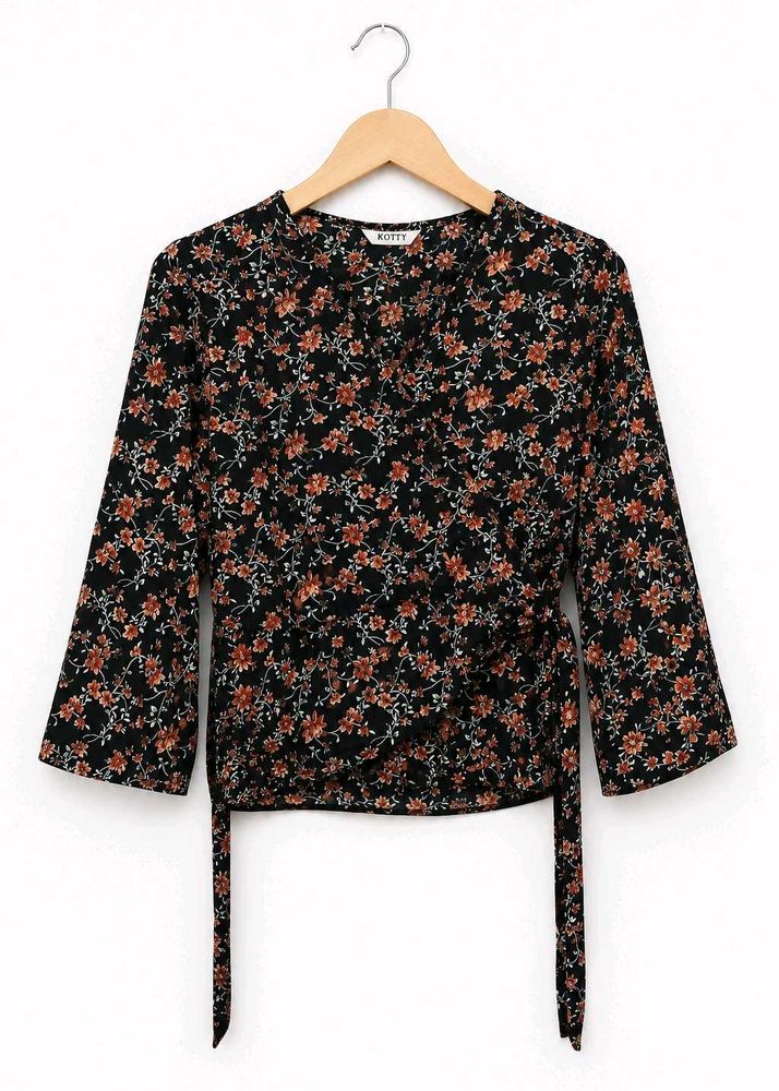 Chic Floral Print Wrap Blouse