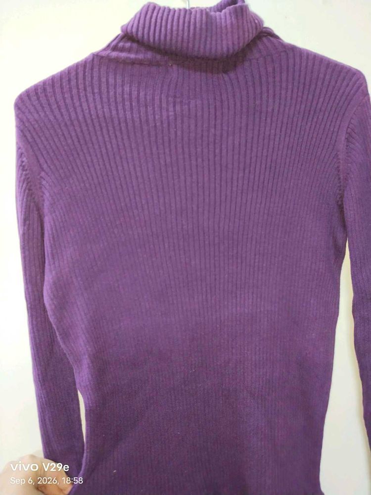 Purple Ribbed Turtleneck Sweater