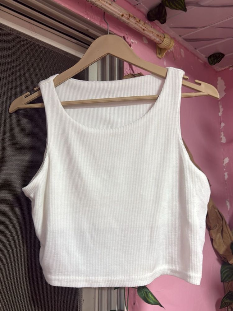 White Ribbed Crop Tank Top