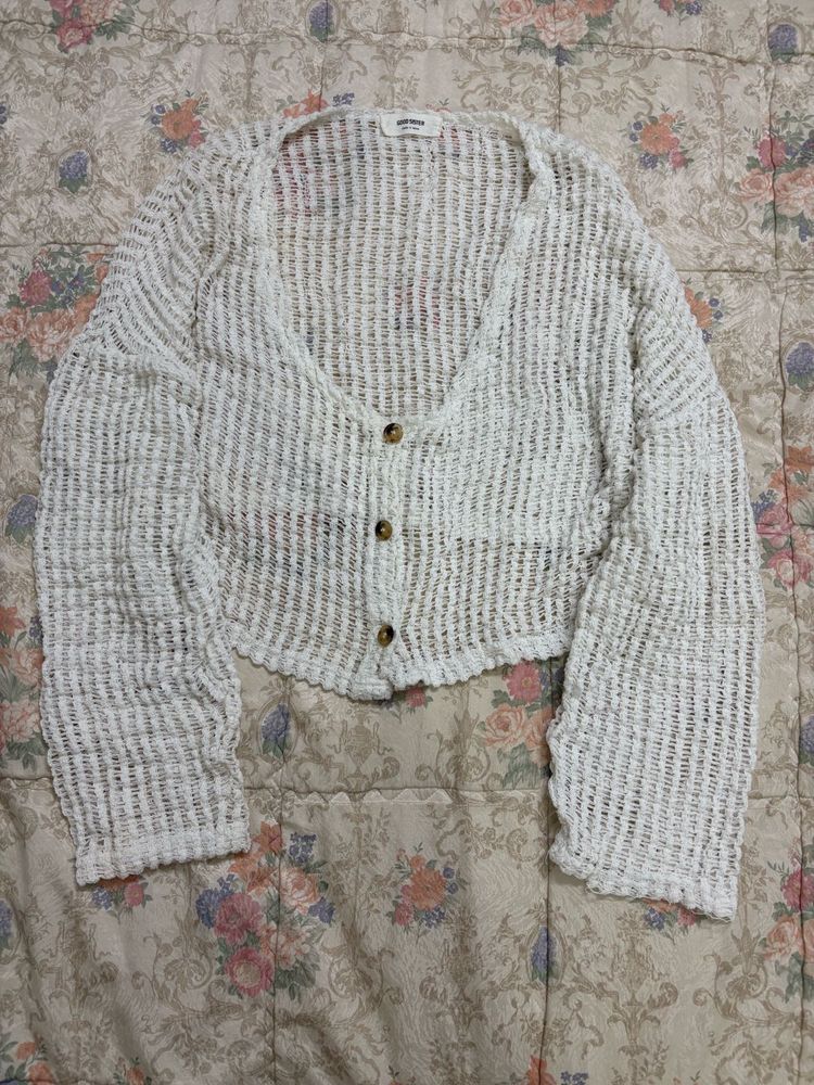White Crochet Knit Cardigan