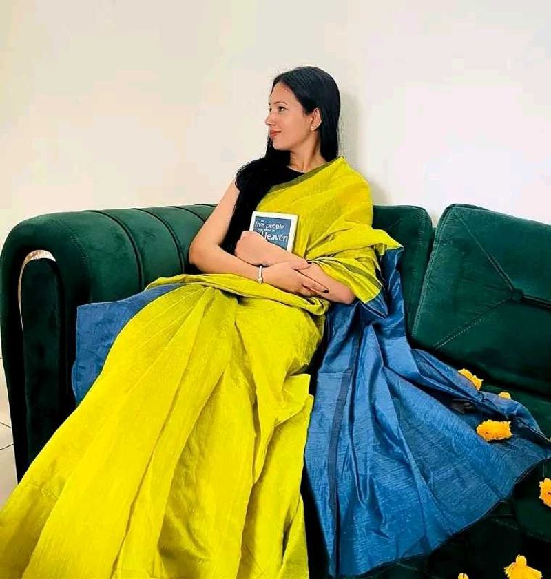 Vibrant Yellow &amp; Blue Silk Saree