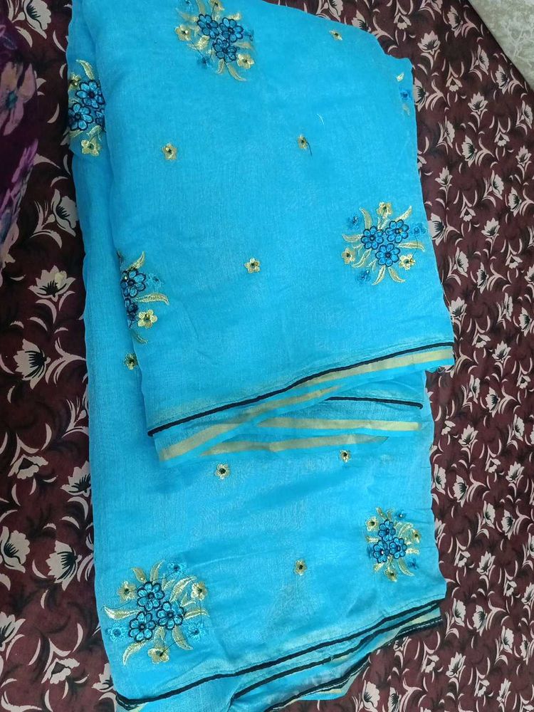Sky Blue Embroidered saree
