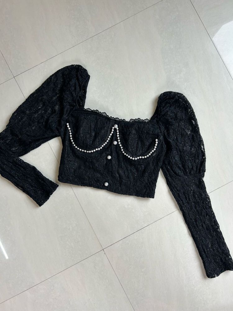 Black Lace Pearl Detail Puff Sleeve Top