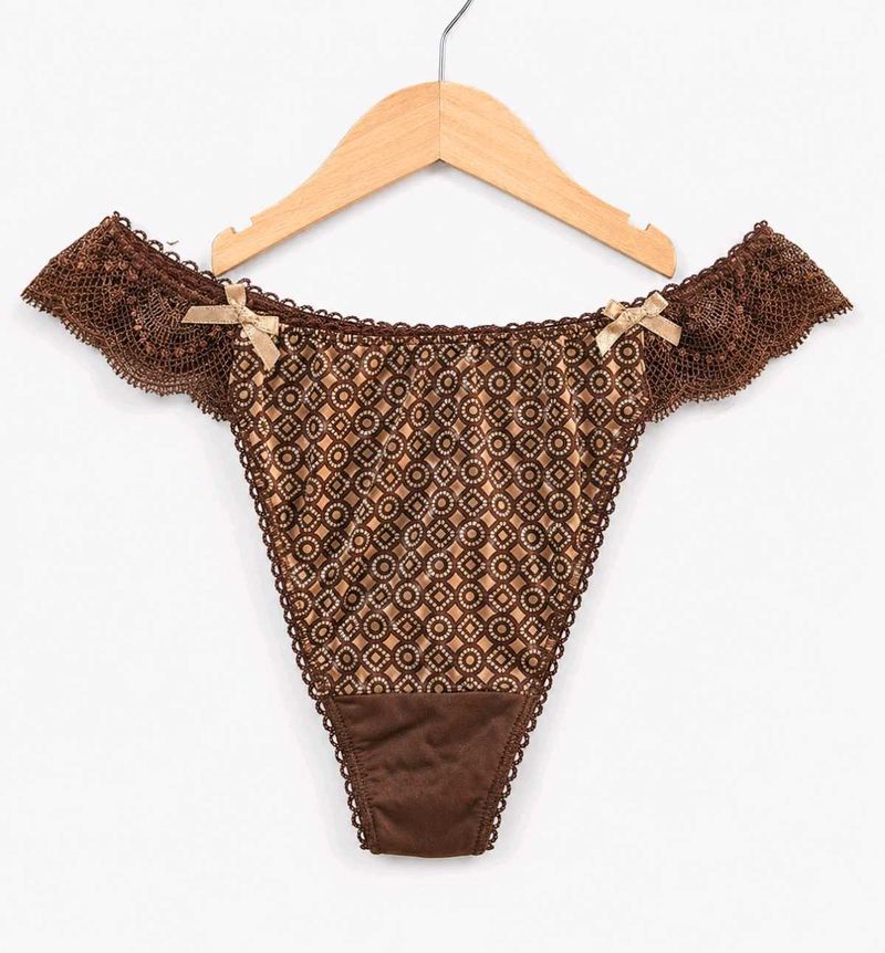 Brown Lace Trim Thong Panty