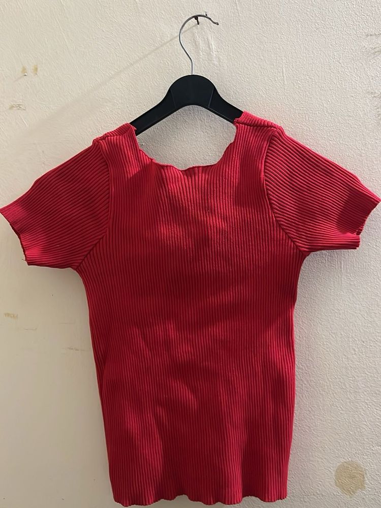 Red Ribbed Square Neck Top