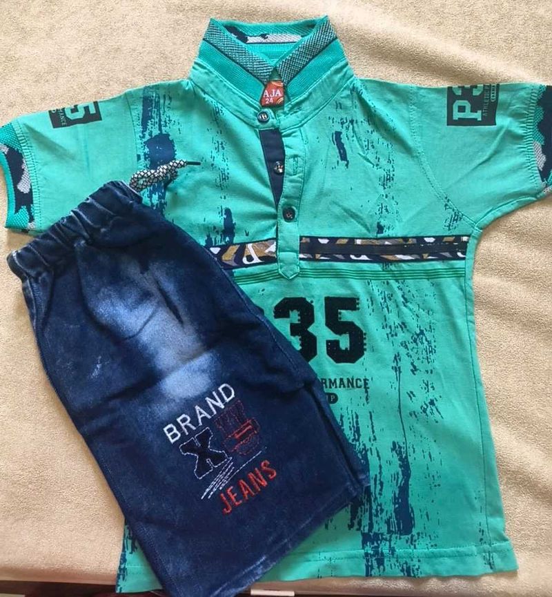 Boys Green T-shirt and Denim Shorts Set