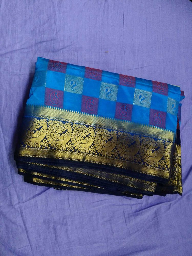Blue Checked Saree