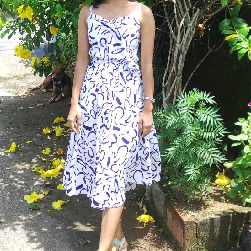 White Abstract Print Spaghetti Strap Dress