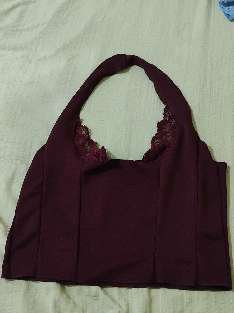 Burgundy Halter Neck Lace Trim Crop Top